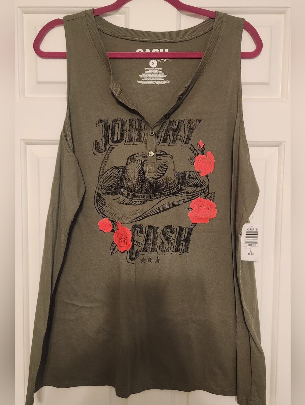 Torrid Olive Johnny Cash Graphic Tank with Red Rose Accents - Picture 1 of 4